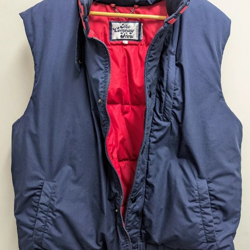 Vintage The Company Store Navy Blue Red Men's L Down Vest Zipper Stripe Retro